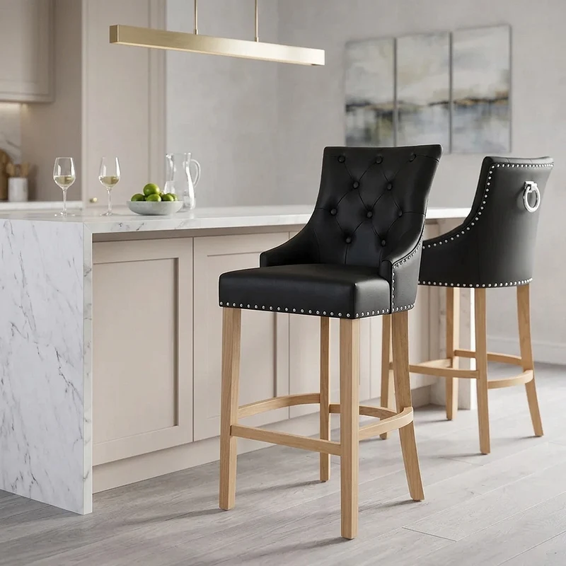Chaise de bar Cuir Crouté Chêne - Ascot Noir