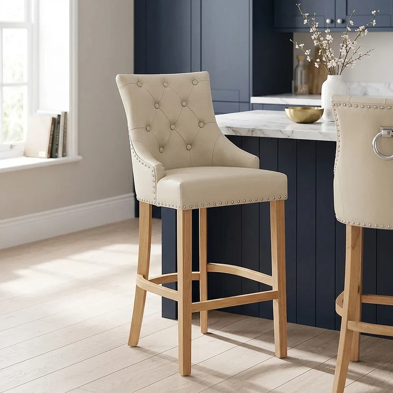 Chaise de bar Cuir Crouté Chêne - Ascot Crème