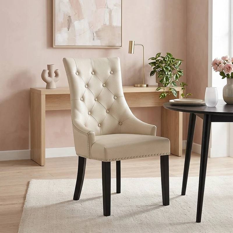 Chaise bois cuir crouté - Ascot Crème