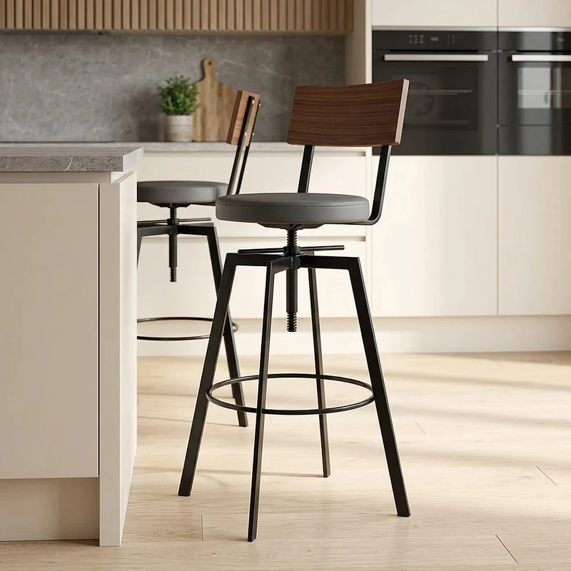 Tabouret de Bar Bois Faux Cuir - Urban Industrial Gris