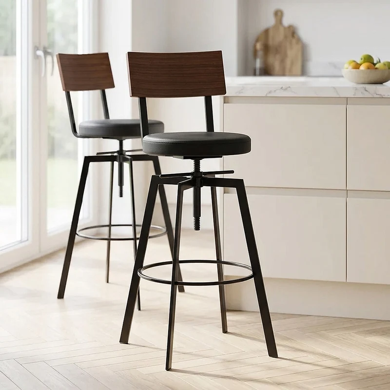 Tabouret de Bar Bois Faux Cuir - Urban Industrial Noir
