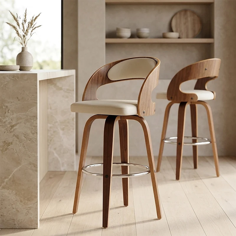 Tabouret Faux Cuir Bois - Alicia Blanc