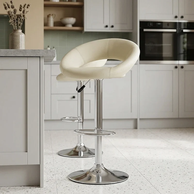 Chaise de Bar Faux Cuir Chrome - Crescent Matelassé Crème