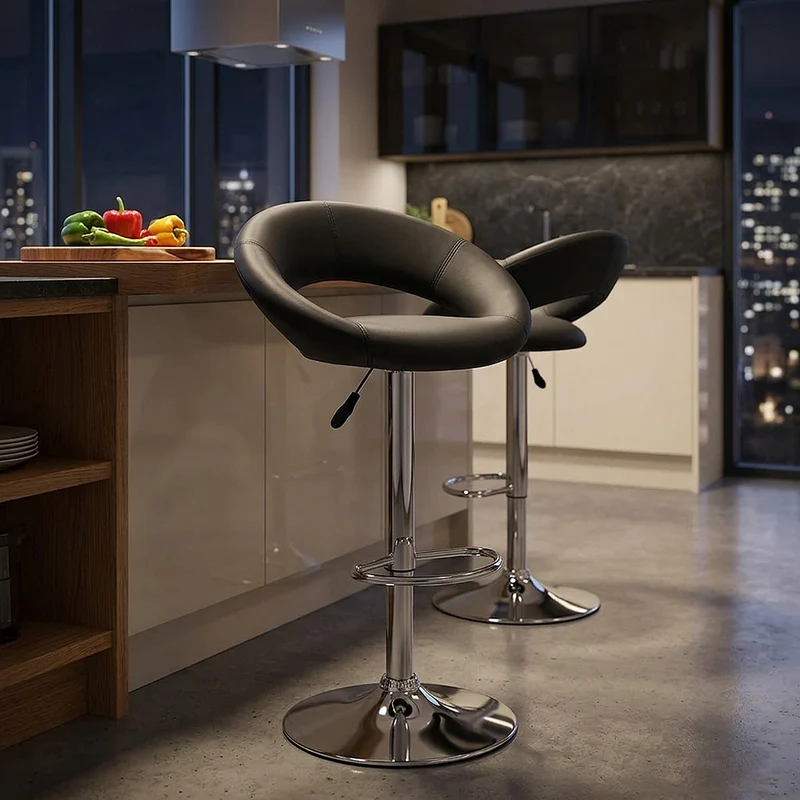 Chaise de Bar Faux Cuir Chrome - Crescent Matelassé Noir