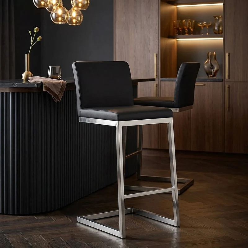 Tabouret Faux Cuir Chrome Brossé - Ace Noir