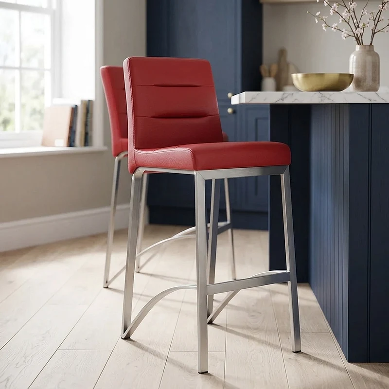 Tabouret Faux Cuir Chrome Brossé - Stella Rouge