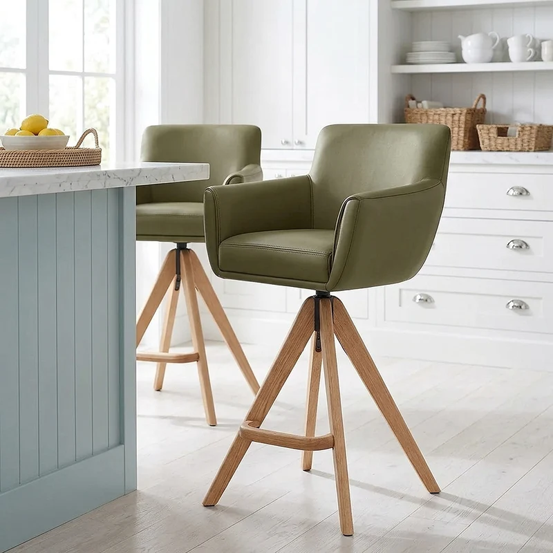Tabouret Cuir Véritable Bois - Rome Vert