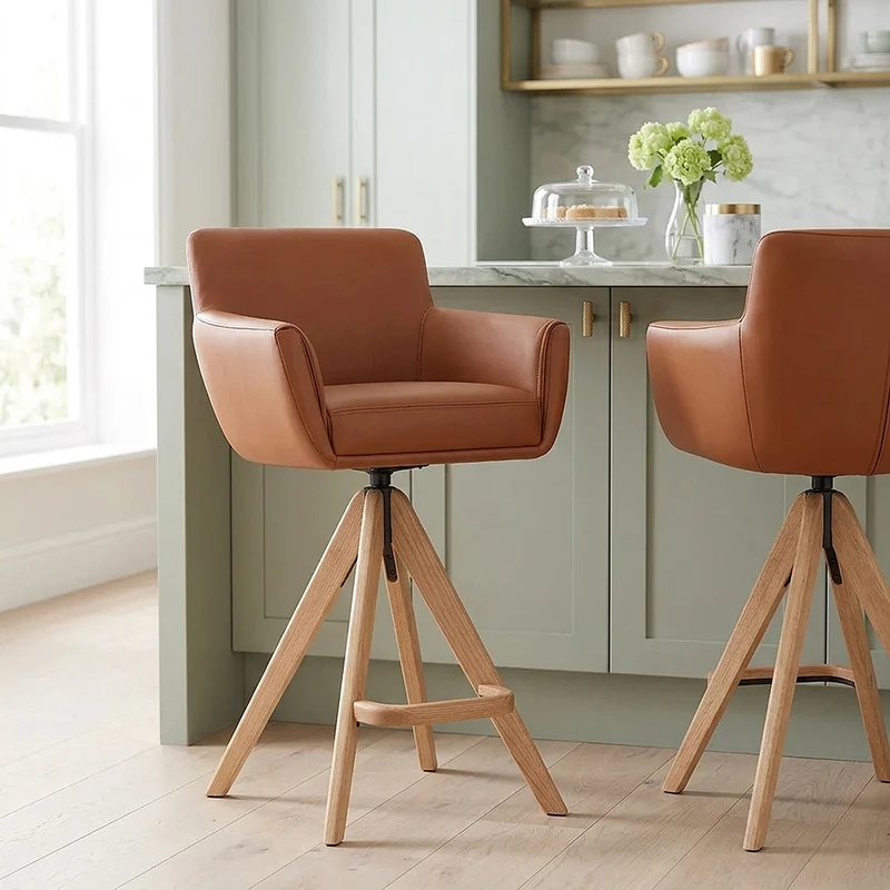 Tabouret Cuir Véritable Bois - Rome Marron