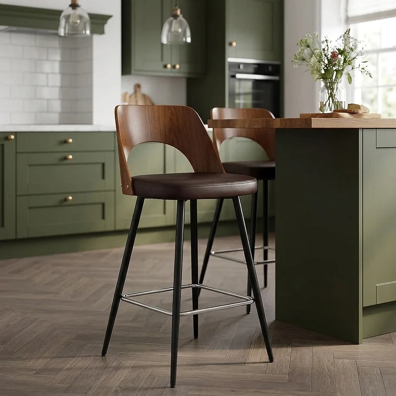 Tabouret Noyer et Faux Cuir - Leo Marron