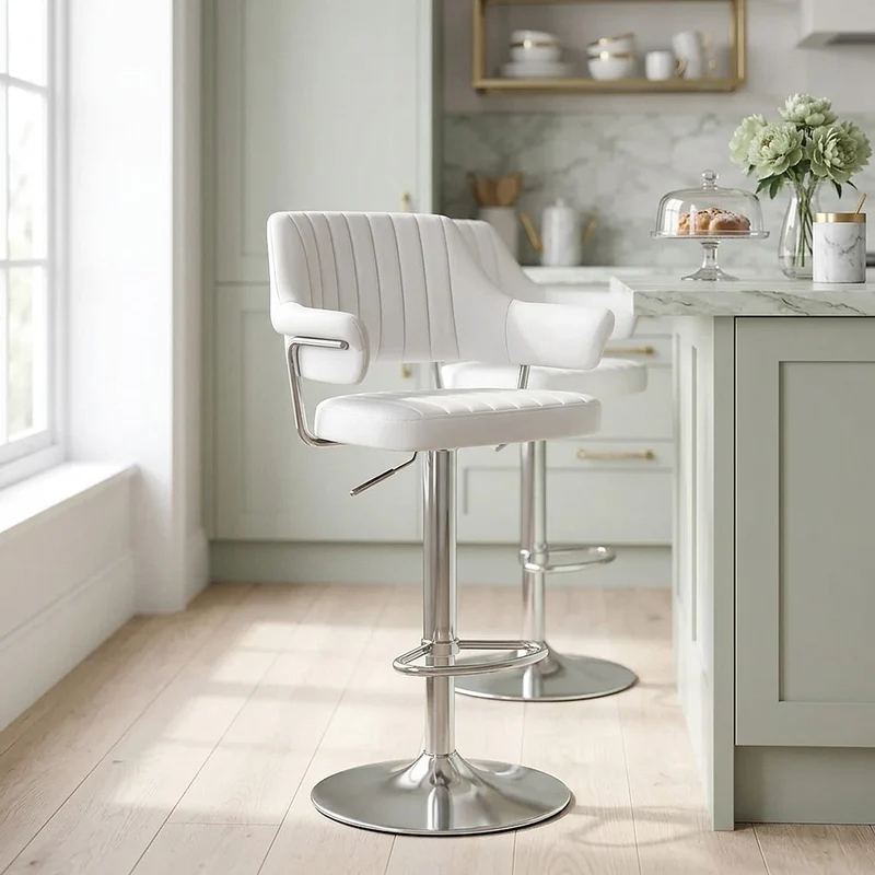 Chaise de Bar Chrome Brossé Faux Cuir - Skyline Blanc