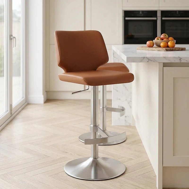 Tabouret de Bar Faux Cuir Chrome Brossé - Mode Marron