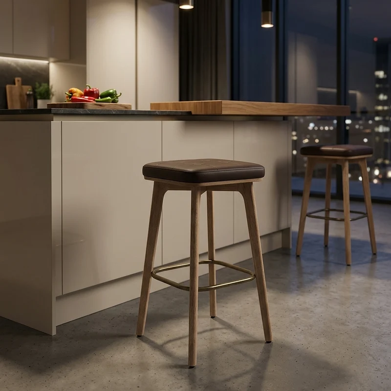 Tabouret Faux Cuir Bois - Malmo Marron