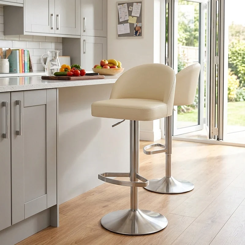 Chaise de Bar Cuir Chrome Brossé - Mimi Crème