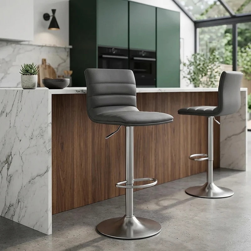 Chaise de Bar Faux Cuir Chrome Brossé - Linear Gris