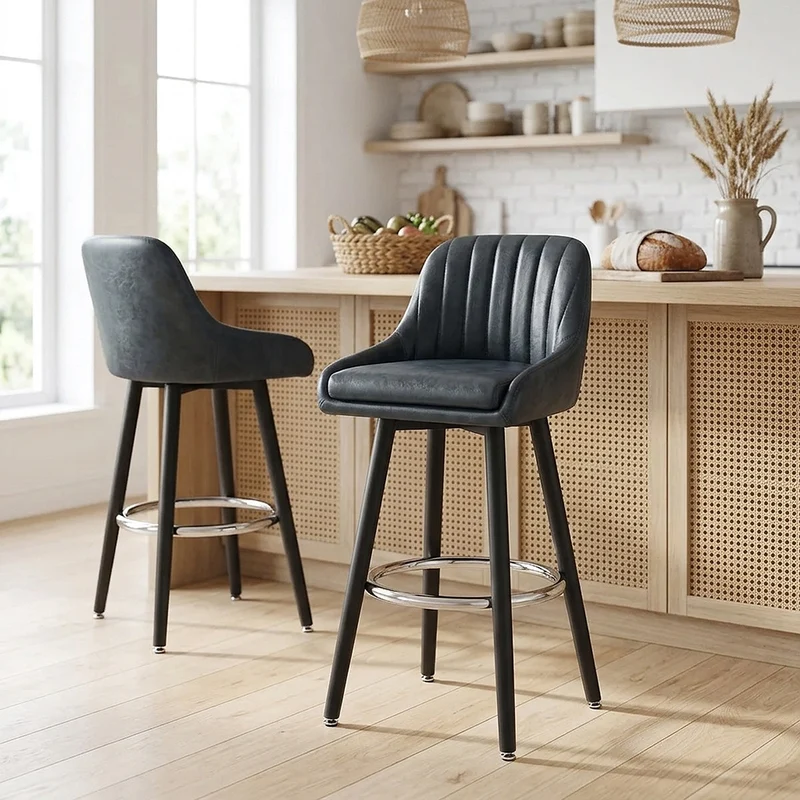 Chaise de Bar Bois Faux Cuir Antique - Hamilton Bleu Foncé