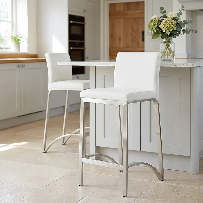 Tabouret Faux Cuir Chrome Brossé - Leah Blanc