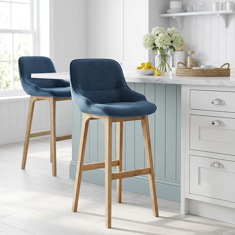 Chaise de Bar Bois Velours - Miami Bleu