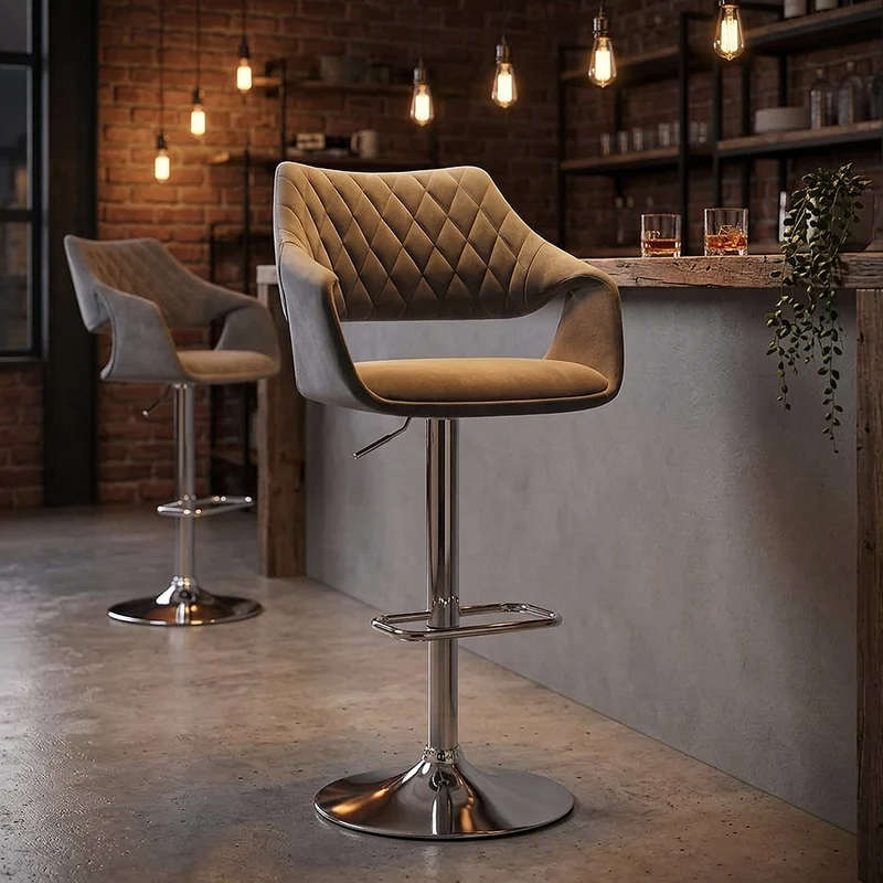 Chaise de Bar Chrome Velours - Fairfield Gris