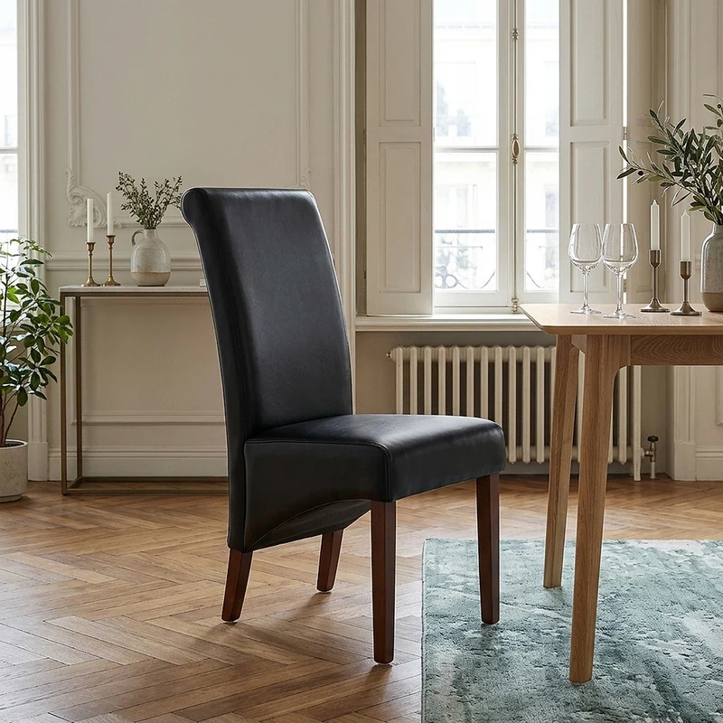 Chaise Bois Cuir Croûté - Carlo Noyer Noir