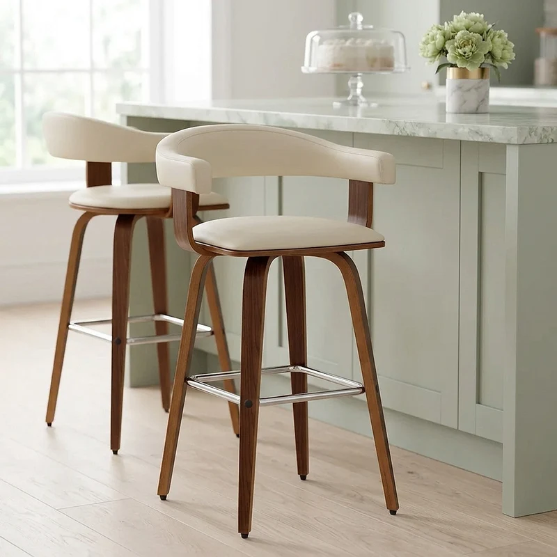 Chaise de Bar Faux Cuir Bois - Ontario Crème