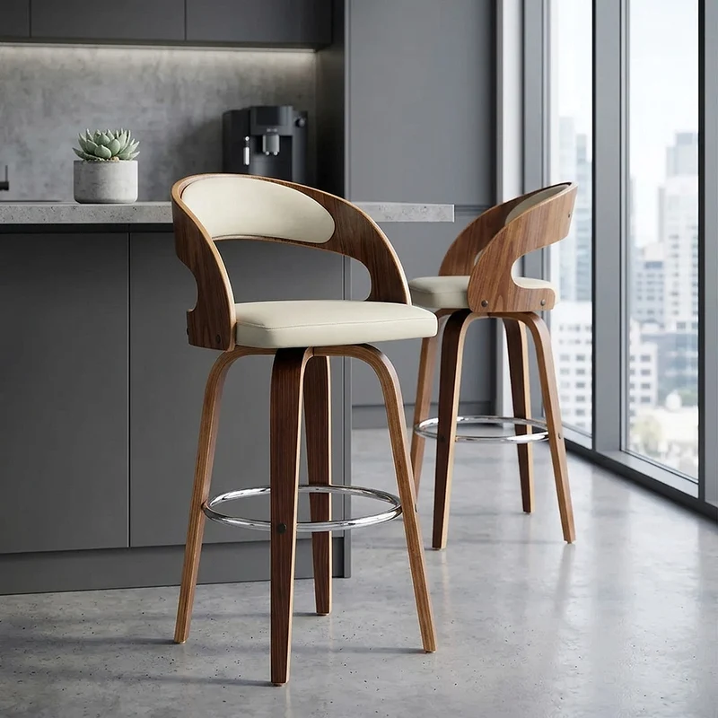 Tabouret Faux Cuir Bois - Alicia Crème