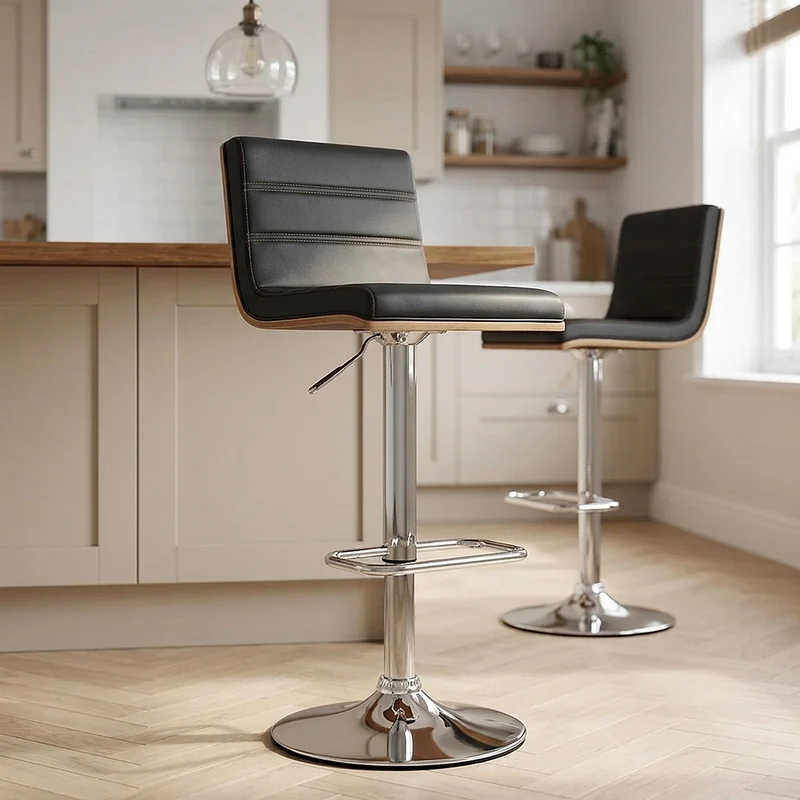 Chaise de bar Faux Cuir Bois Chrome - Riviera Noir
