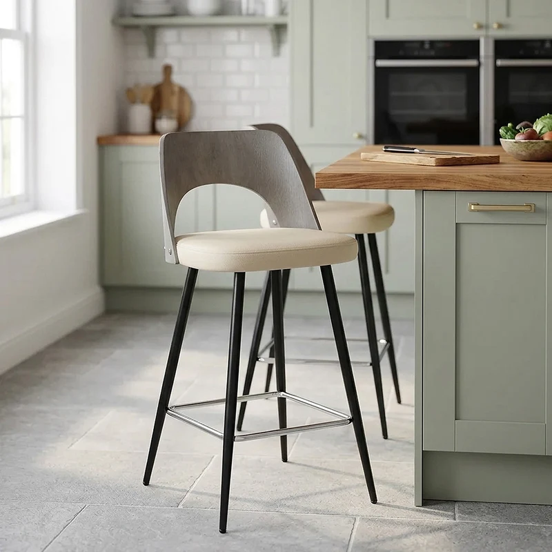 Tabouret Bois Gris et Faux Cuir - Leo Crème
