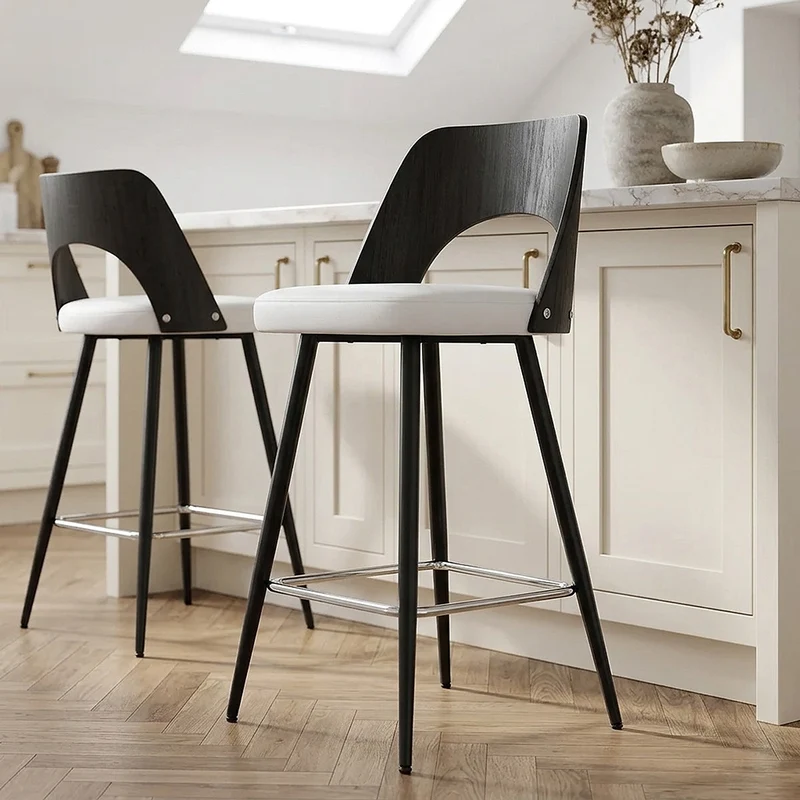 Tabouret Bois Noir et Faux Cuir - Leo Blanc