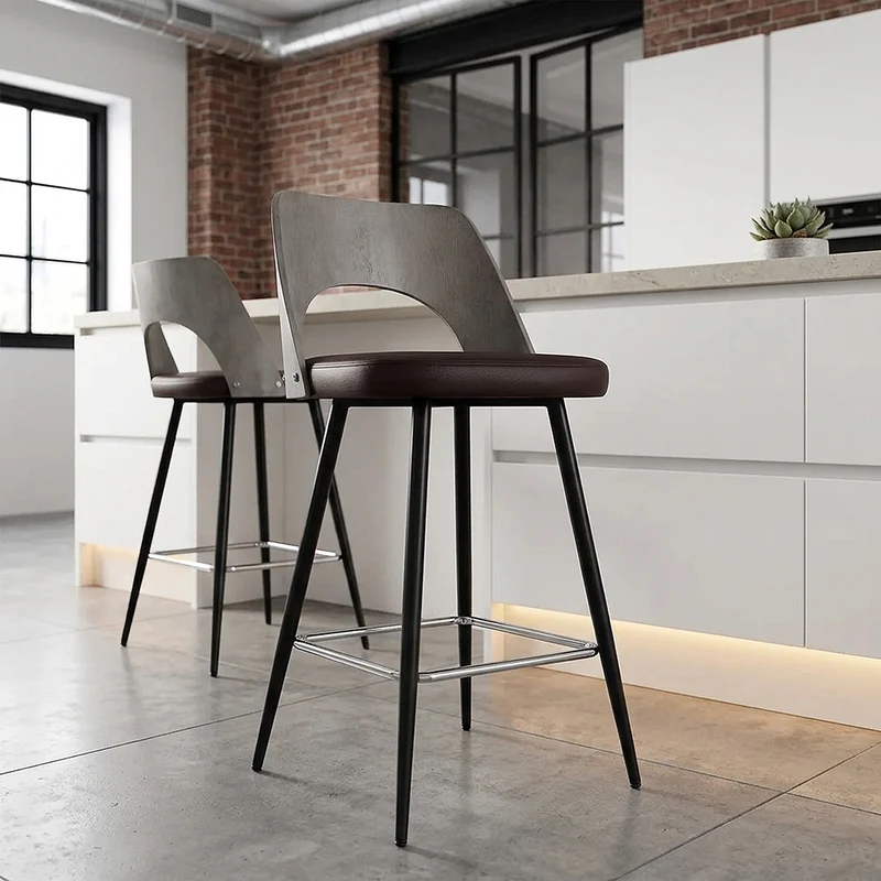 Tabouret Bois Gris et Faux Cuir - Leo Marron