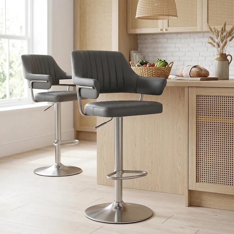 Chaise de Bar Chrome Brossé Faux Cuir - Skyline Gris Foncé