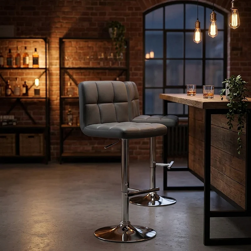 Chaise de Bar Faux Cuir Chrome - Grid Gris