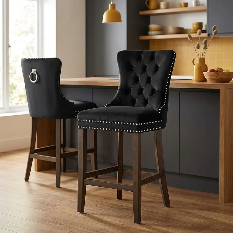 Tabouret de Bar Bois Velours - Kensington Noir