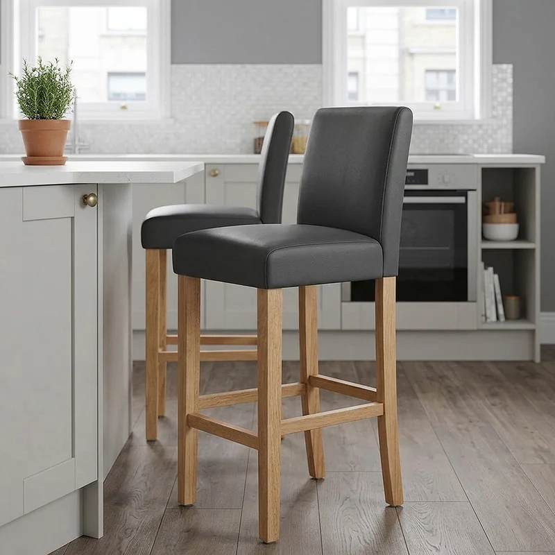 Tabouret de Bar Bois Cuir Croûté - Tetbury Gris