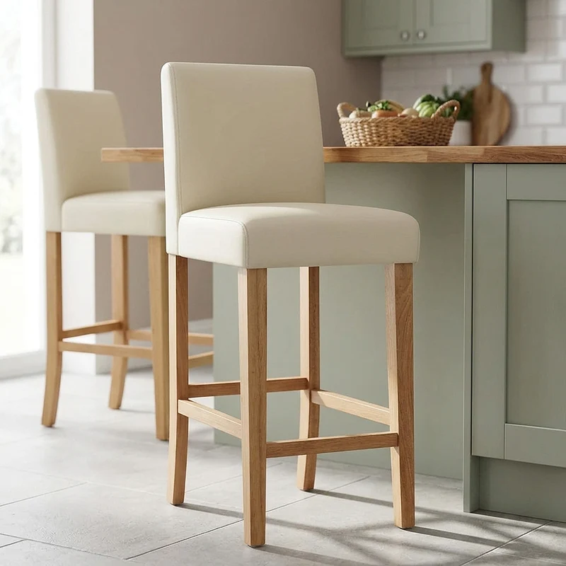 Tabouret de Bar Bois Cuir Croûté - Tetbury Crème
