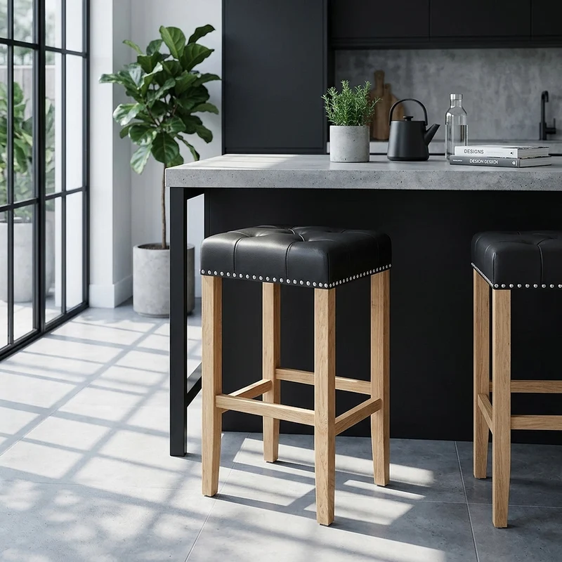 Chaise de Bar Cuir Crouté Bois - Chelsea Noir