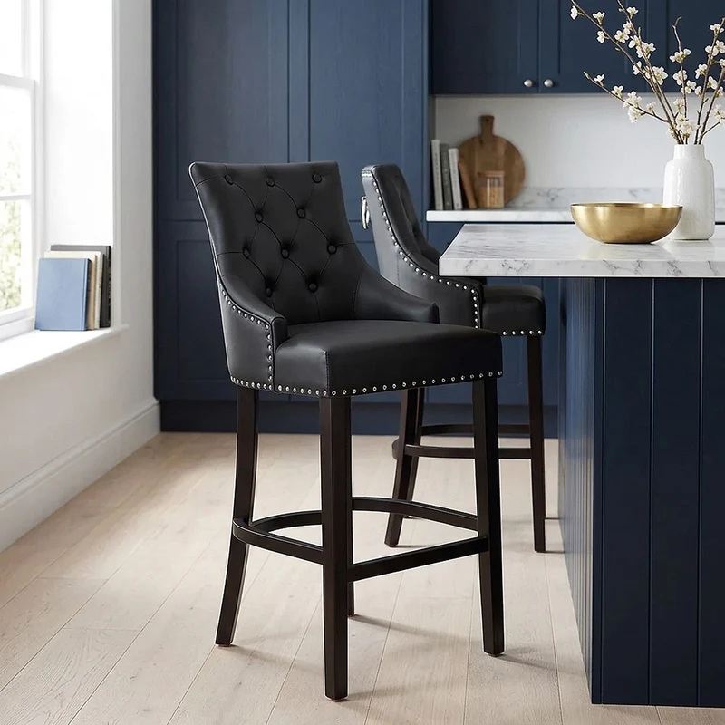 Chaise de Bar Bois Cuir Croûté - Ascot Noir
