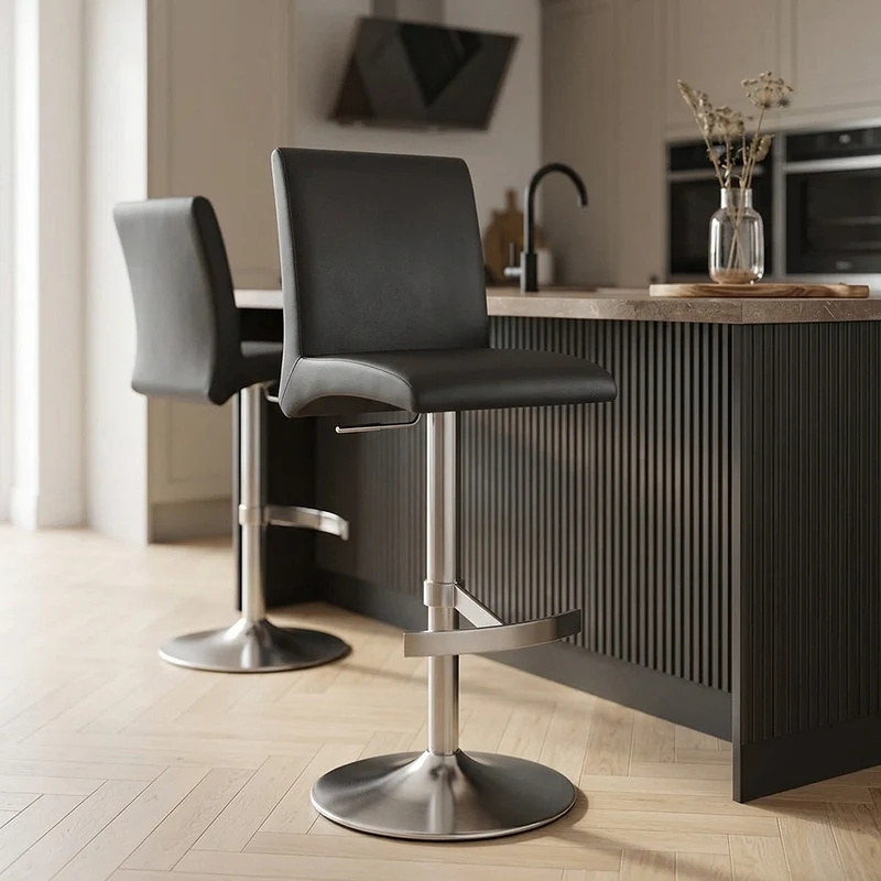 Chaise de Bar Faux Cuir Chrome Brossé - Deluxe High Back Noir