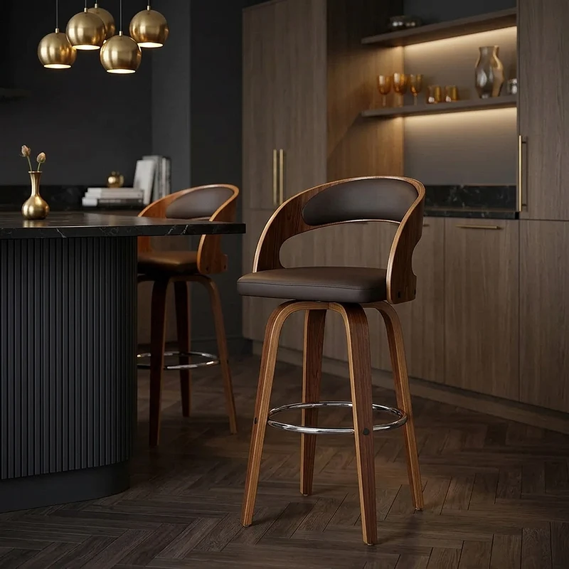 Tabouret Faux Cuir Bois - Alicia Marron