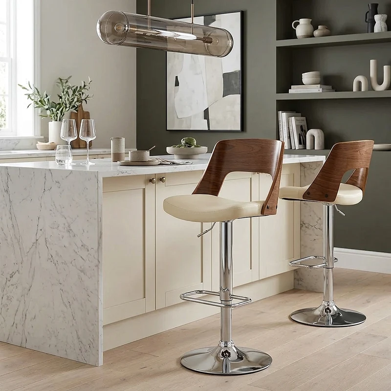 Chaise de Bar Bois Chrome - Carmen Crème