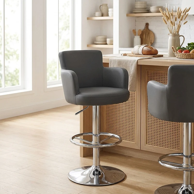 Chaise de Bar Faux Cuir Chrome Brossé - Château Gris