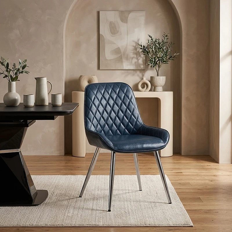 Chaise Faux Cuir Antique Chrome - Lincoln Bleu