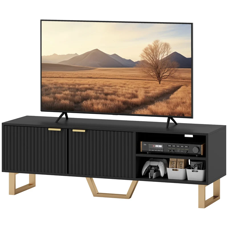 Meuble tv pour écran jusqu'à 70 pouces 140 x 39 x 47 cm rangement ouvert et portes cannelées style moderne en MDF noir 21_0003456
