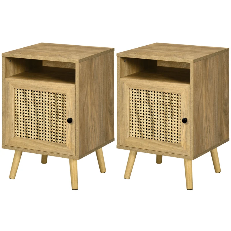 Lot de 2 table de chevet 39 x 35 x 60 cm rangement pratique pieds effilés vintage ambiance cosy chic en rotin naturel 21_0001532