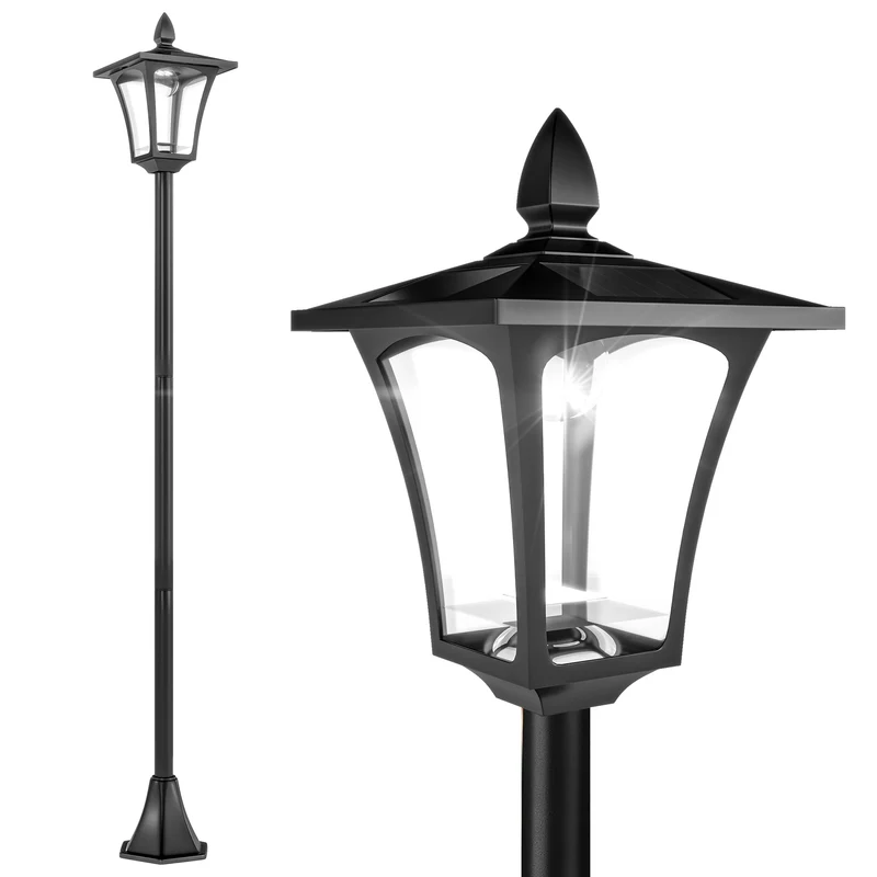 Lampadaire sur pied extérieur 18 x 18 x 160 cm à énergie solaire avec détecteur style classique en acier inoxydable noir 21_0003901