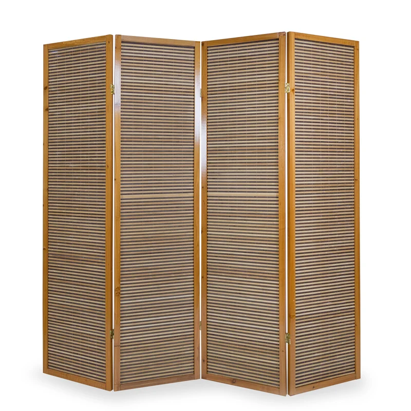 Paravent 4 panneaux marron en bois et bambou 176x175 cm PAR06067