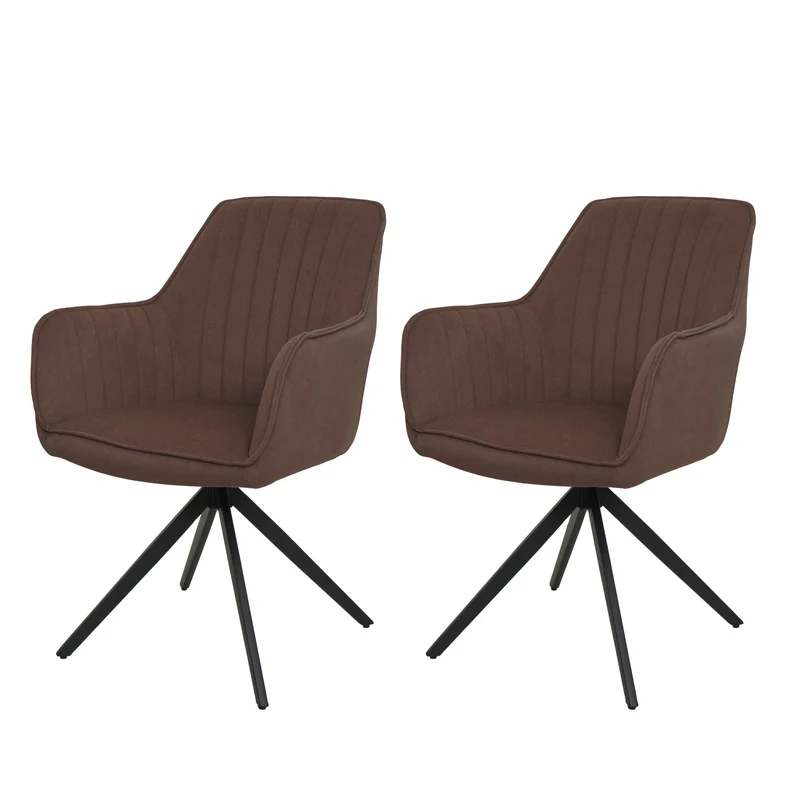 Lot de 2 chaises de salle à manger pivotant avec accoudoir forme arrondie avec coutures décoratives cadre métal et tissu marron 04_0007372