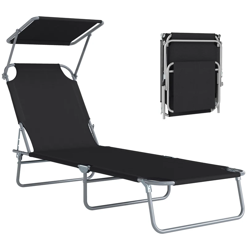 Transat bain de soleil 187 x 58 x 36 cm dossier inclinable 4 positions pare-soleil réglable moderne en polyester noir 21_0004543
