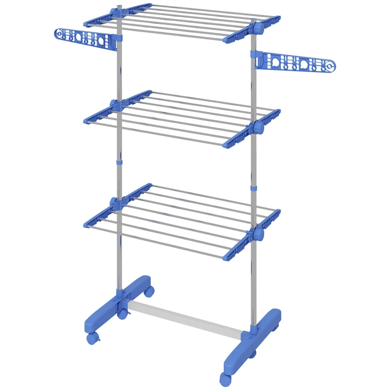 Séchoir à linge sur roulettes pliable hauteur réglable 8 ailes 142 x 55 x 152 cm moderne épuré en acier inoxydable bleu 21_0005853