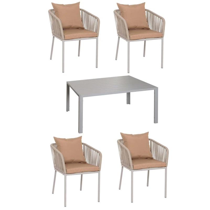 Salon de jardin 4 fauteuils avec coussins + table design moderne tressage en corde gris coussins taupe 04_0010083