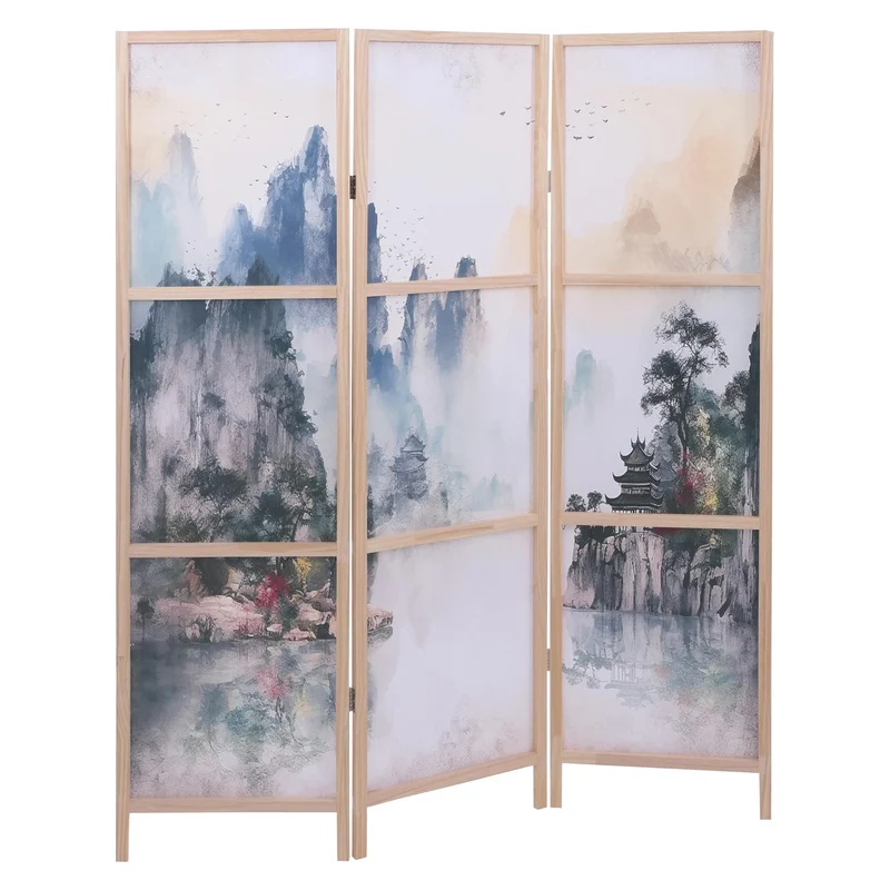 Paravent séparation de pièce 3 panneaux motif montagne en bois de pin et polyéthylène 170 × 137 cm 04_0008910